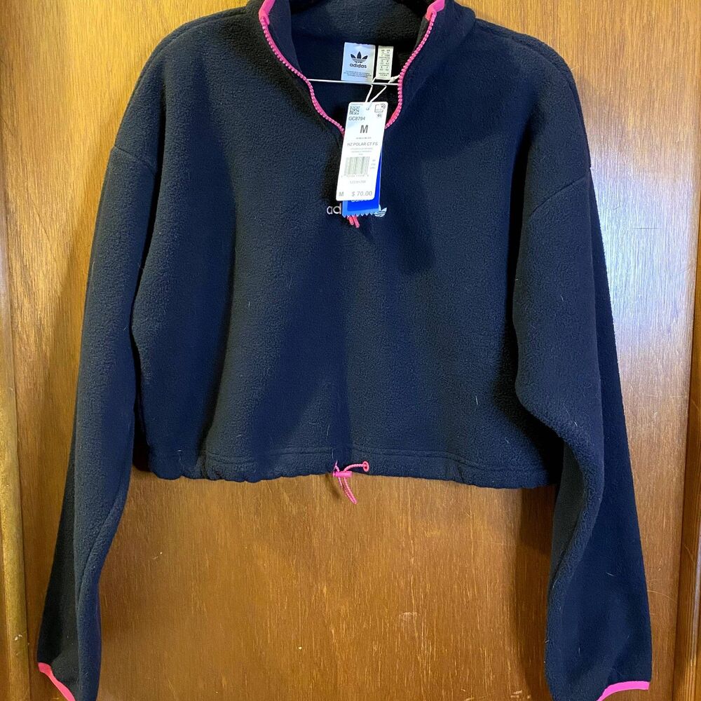 NWT WOMENS ADIDAS BLACK AND PINK LONG SLEEVE FLEECE SWEATSHIRT SIZE MEDIUM